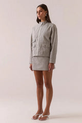 Maven Jacket Ink by Sovere – boxy cotton blend jacket with stand collar and utility pockets.