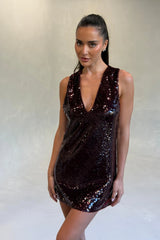 Kayla V Neck Sequin Mini Dress in Burgundy by Sneaky Link, A-line mini with sequin finish for standout party styling.