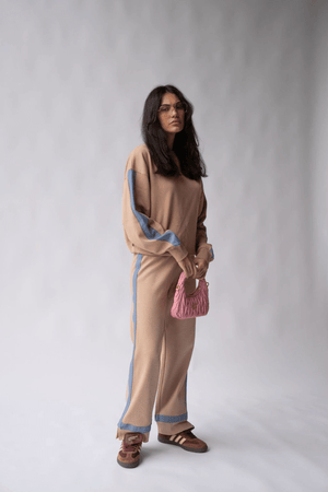 Maya Knit Pant Nougat by Araminta James, soft cotton knit pants with contrast trims and split hems, perfect for chic, comfortable leisurewear looks.