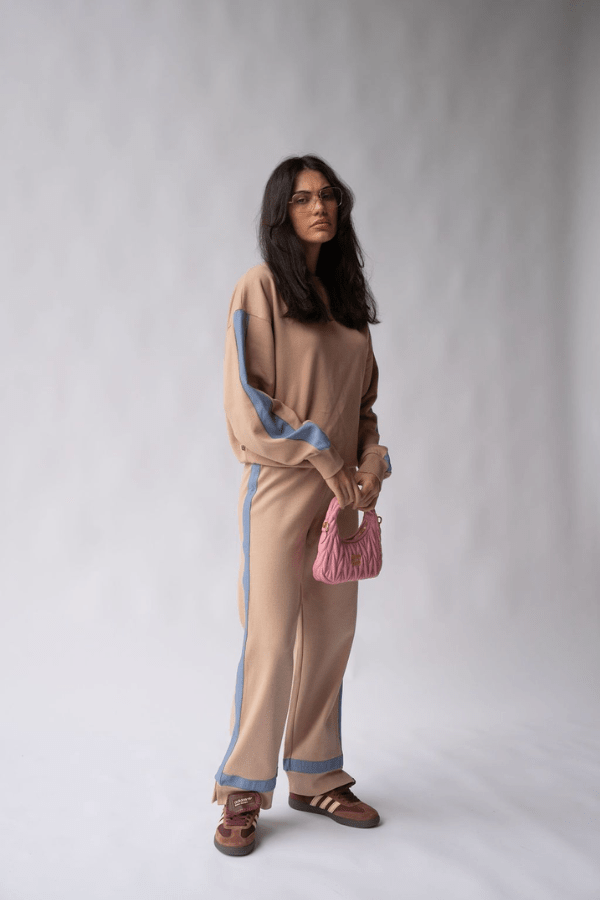 Maya Knit Pant Nougat by Araminta James, soft cotton knit pants with contrast trims and split hems, perfect for chic, comfortable leisurewear looks.