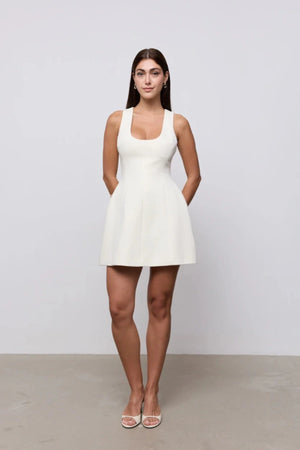 Cotton Mix Volume Mini Dress Ecru by Odd Muse, structured mini dress with cinched waist and volume skirt