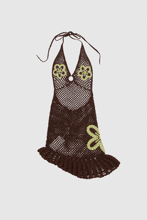 Elke Crochet Mini Dress Cocoa by The Wolf Gang, handwoven with floral crochet detail, perfect over swimwear for luxe summer layering.