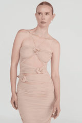 Veranera Pétalo by Maygel Coronel – A bold, romantic ruched mesh dress with floral appliqués and asymmetric cut-outs, perfect for trendy sunset soirées and elegant evening occasions.