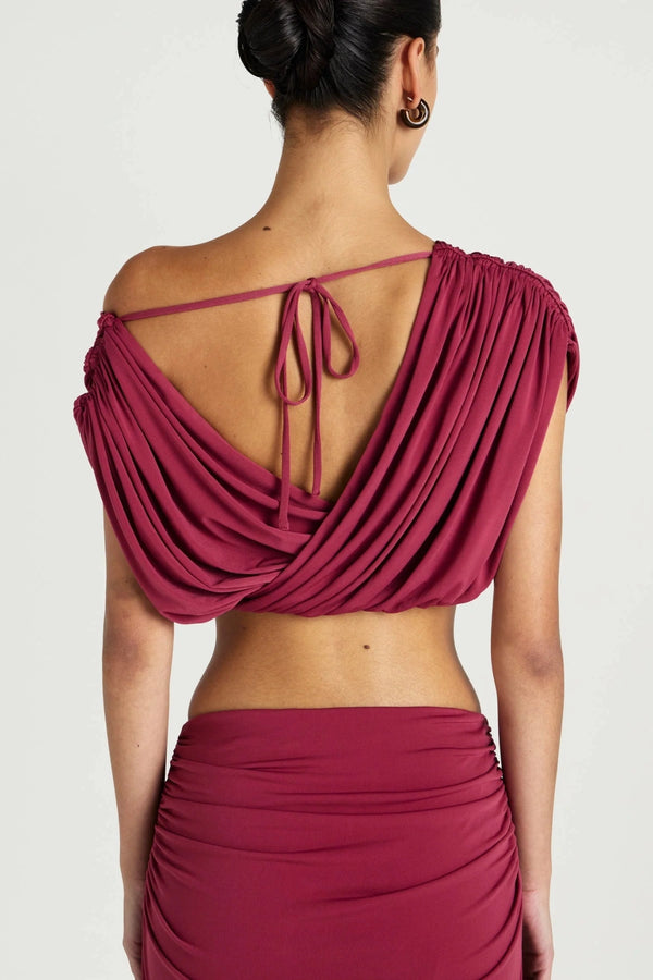 Celia Top Rose Wine by Benni, multiway off shoulder jersey top, perfect for elevated evening styling