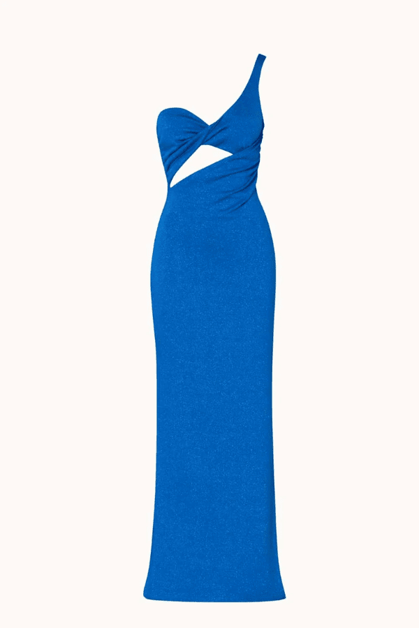 Arrecife Dress Noche Azul by Baobab – A trendy one-shoulder maxi with a heart neckline, bold cut-out, and side slit, perfect for elegant special occasions.