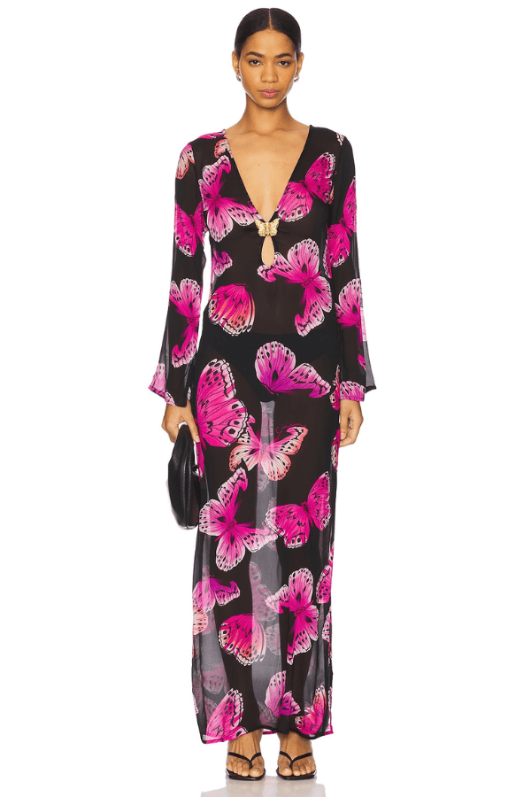Hotline Butterfly Maxi Dress Monarch by Cin Cin – A bold, ethereal maxi in Monarch with a central butterfly detail and side slit, perfect for sunlit days and dreamy nights.