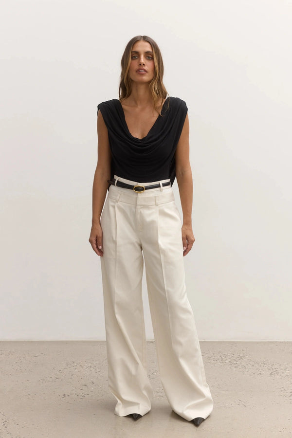 Bayse Flora Bodysuit in Shadow, a stretch-fit design with draped cowl neckline and matching low back detail.