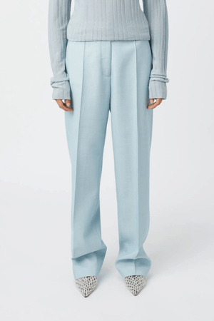 Gehry Pant Chalky Blue by Camilla and Marc, tailored mid-rise wool pant with pintuck detail, flap pockets, and a sleek, structured silhouette.