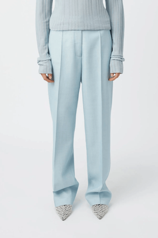 Gehry Pant Chalky Blue by Camilla and Marc, tailored mid-rise wool pant with pintuck detail, flap pockets, and a sleek, structured silhouette.