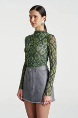 Mesh LS Rouched Skivvy Viper by Summi Summi, sheer ruched long sleeve top, perfect for layering or night styling