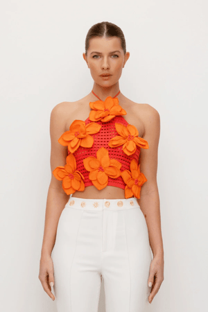 La Monada Knit Top Coral by The Wolf Gang, a bold and trendy piece with asymmetric neckline and cut-outs, crafted from soft ribbed knit, perfect for elevated, fashion-forward looks.