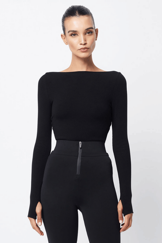 Camden Top Black by Mossman, soft double-layered ribbed jersey with boat neckline and thumb sleeves, perfect for trendy layering and chic day-to-night wear.