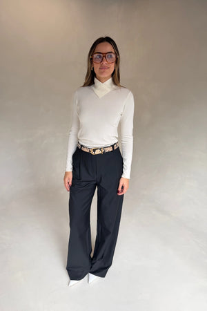 Eloise High V Neck Knit Top Ivory by Sneaky Link, slimming long sleeve knit perfect for work or dinner styling