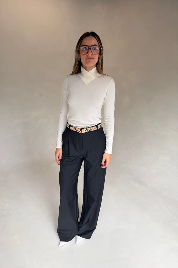 Eloise High V Neck Knit Top Ivory by Sneaky Link, slimming long sleeve knit perfect for work or dinner styling