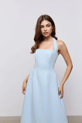 Cotton Mix Halter Midi Dress Powder Blue by Odd Muse, structured halter midi dress for elegant occasions