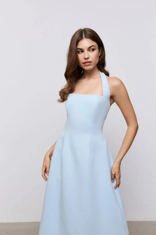 Cotton Mix Halter Midi Dress Powder Blue by Odd Muse, structured halter midi dress for elegant occasions