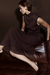 Quiet Force Midi Dress by Mossman in cacao, ribbed knit with turtleneck and flared skirt for sleek, sculpted day-to-night dressing.