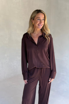 Hunter Long Sleeve Polo Top Chocolate by Sneaky Link, ultra soft stretch polo with a second-skin fit and button neckline.