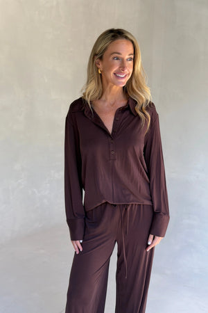 Hunter Long Sleeve Polo Top Chocolate by Sneaky Link, ultra soft stretch polo with a second-skin fit and button neckline.