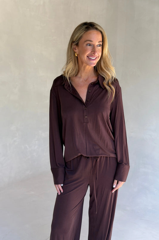 Hunter Long Sleeve Polo Top Chocolate by Sneaky Link, ultra soft stretch polo with a second-skin fit and button neckline.