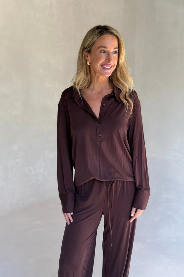 Hunter Long Sleeve Polo Top Chocolate by Sneaky Link, ultra soft stretch polo with a second-skin fit and button neckline.