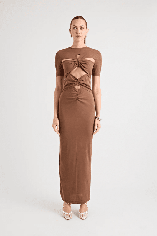 Florence Dress Chocolate by Pfeiffer – A chic fitted maxi with cut-out hardware accents in buttery soft fabric, perfect for stylish, ethical day-to-night looks.