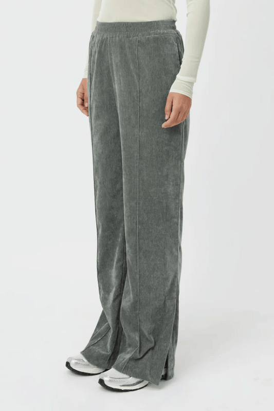 Aneta Velour Track Pant Agave by Camilla and Marc, luxe pintuck velour with side splits, perfect for stylish lounging or weekend errands.