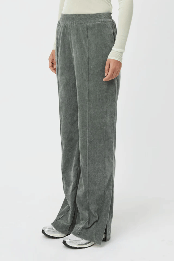 Aneta Velour Track Pant Agave by Camilla and Marc, luxe pintuck velour with side splits, perfect for stylish lounging or weekend errands.