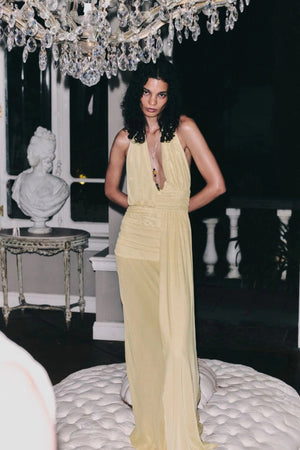 Cassis Drape Maxi Dress by Bec + Bridge, a soft mesh halter with bias georgette skirt and open back. Perfect for sunset soirées.