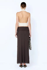 Eva Drape Top by Bec and Bridge, snow white mesh halter top with deep plunge and elegant gathered sash drape.