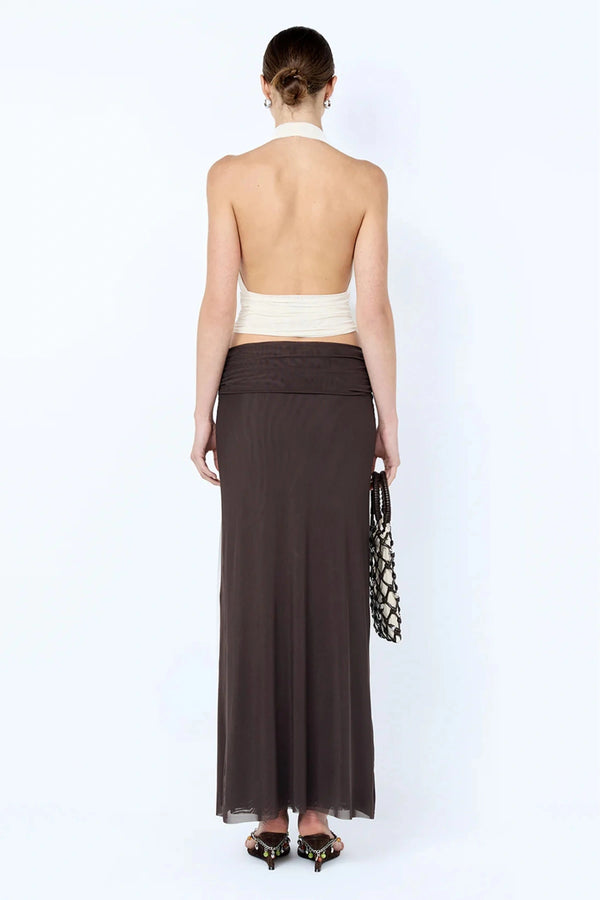 Eva Drape Top by Bec and Bridge, snow white mesh halter top with deep plunge and elegant gathered sash drape.