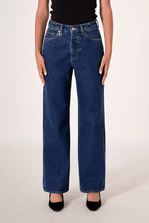 Coco Relaxed Indigo Vision by Neuw Denim, high-waisted relaxed straight-leg rigid jeans in vintage indigo with tobacco stitching, perfect for casual wear.
