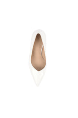 Molly Pump White Patent Leather by Lana Wilkinson, pointed toe leather pump with sculptural 10cm heel height