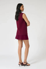Helena Skirt – Plum by Onte, a cotton crochet mini with elastic waist. Perfect for pairing with the matching gilet or worn on its own.