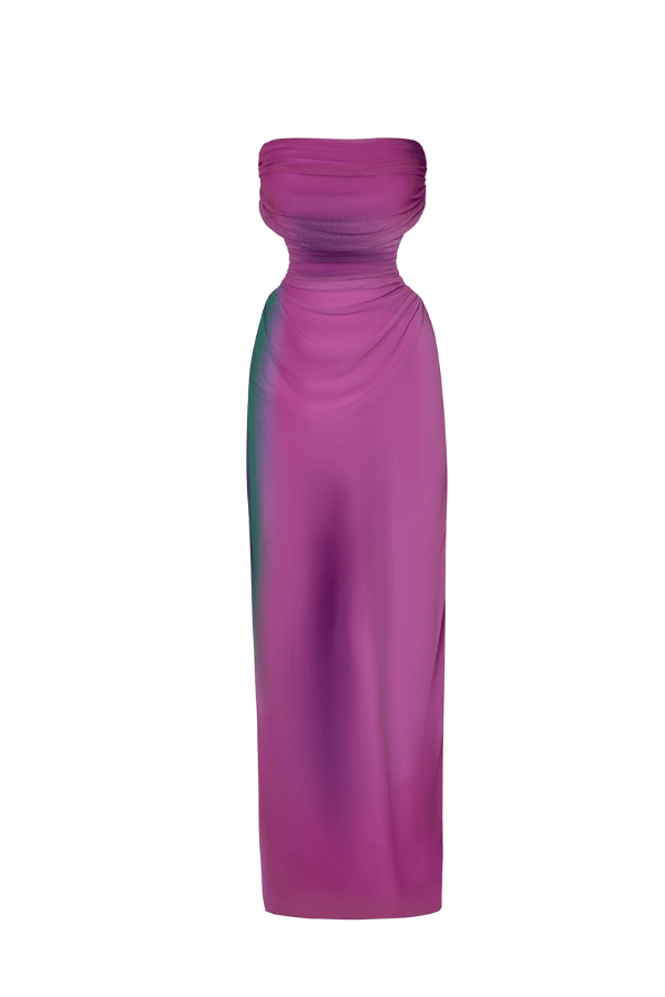 Lila Dress Enchanted by Baobab – Strapless mesh maxi with cutouts, ruching, and a twistable design for multiway styling.