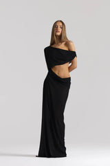 Imogen Dress Black by Natalie Rolt, sheer georgette dress with off shoulder draping and asymmetrical waist detail.