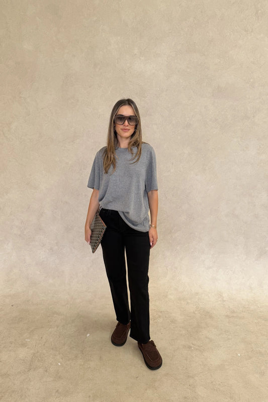 Charli Knit Tee in grey, featuring a soft knit fabric and a relaxed, short-sleeve fit.