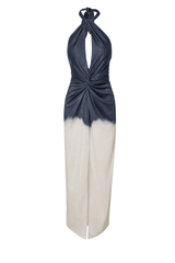 Linus Dress Ying Yang by Baobab – A trendy, versatile maxi with glossy fabric, adjustable halter straps, cut-outs, and a dramatic slit, perfect for bold occasions.
