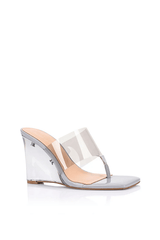 Sienna Heel Grey by Lana Wilkinson, thong heel with lucite wedge and clear upper, perfect for day to night styling