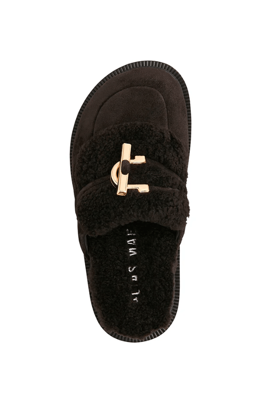 Cedar Black Suede/Shearling by Alias Mae, black suede slides with gold accents and plush shearling for cozy, elevated everyday wear.