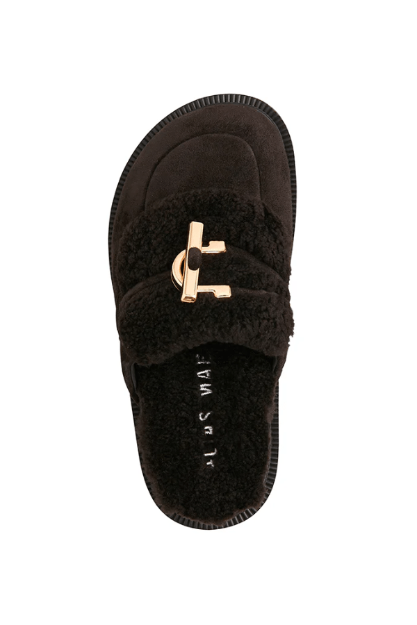 Cedar Black Suede/Shearling by Alias Mae, black suede slides with gold accents and plush shearling for cozy, elevated everyday wear.