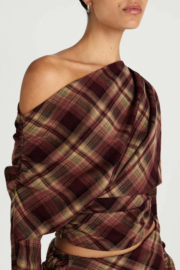 Hera Long Sleeve Top Plum Check by Benni, one shoulder tartan top, perfect for elevated day to night styling