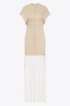 Ines Fringe Dress Oatmeal by Faithfull the Brand – Sheer linen mini with macrame hem, fringe skirt, and batwing sleeves.
