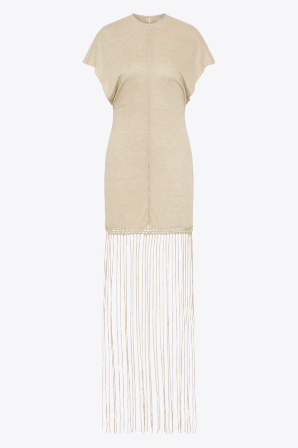 Ines Fringe Dress Oatmeal by Faithfull the Brand – Sheer linen mini with macrame hem, fringe skirt, and batwing sleeves.