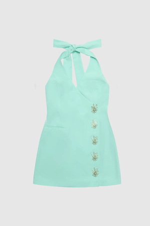 Inka Vest Dress Aqua by The Wolf Gang, a tailored mini with halter neckline and custom hardware. Perfect for bold day-to-night dressing.