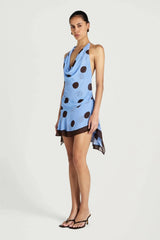 Harlow Halter Dress Blue Choc Polka by Benni, cowl neck maxi dress, perfect for events or summer evening styling