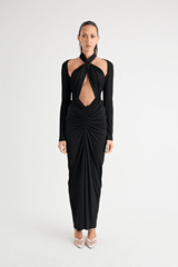 Victoria Maxi Dress Black by Pfeiffer – A sleek, versatile maxi with adjustable halter, removable shrug, and ruching, perfect for elegant, adaptable style.