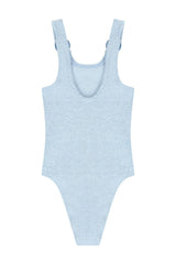 Kids 3-6 Domino Swim Metallic Ice Blue by Hunza G, crinkle swimsuit with hoop detail, perfect for beach days
