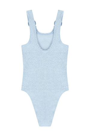 Kids 3-6 Domino Swim Metallic Ice Blue by Hunza G, crinkle swimsuit with hoop detail, perfect for beach days