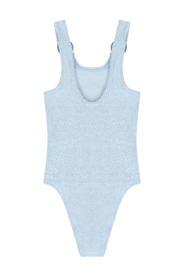 Kids 3-6 Domino Swim Metallic Ice Blue by Hunza G, crinkle swimsuit with hoop detail, perfect for beach days